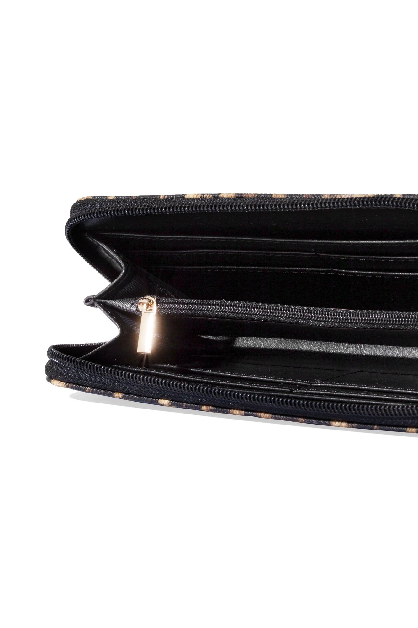 Black interior wallet compartments with gold zipper