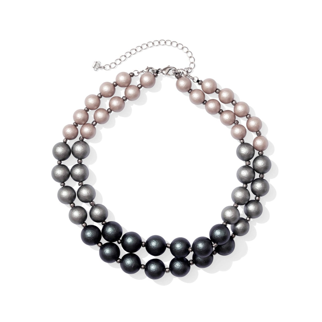 Two flexible length strands of rhodium plated faux pearls in three shades of grey