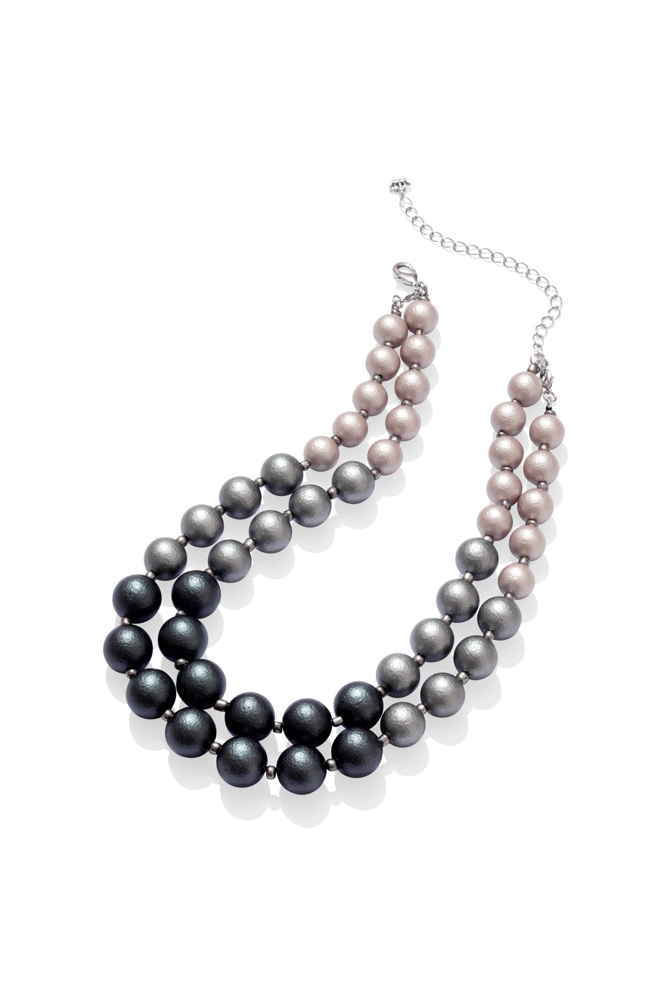 Two flexible length strands of rhodium plated faux pearls in three shades of grey