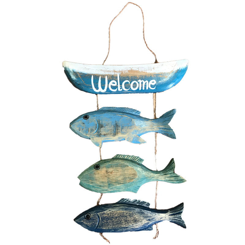Blue welcome boat with three fish hanging below attached to rope for easy hanging