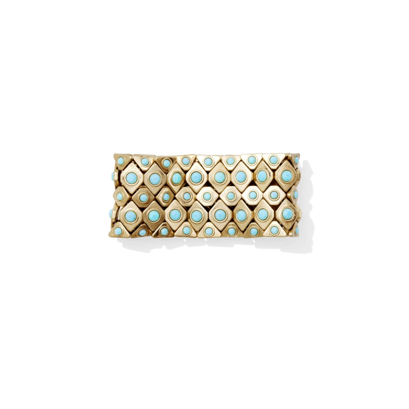 Turquoise-colored beads on a gold stretchy bracelet