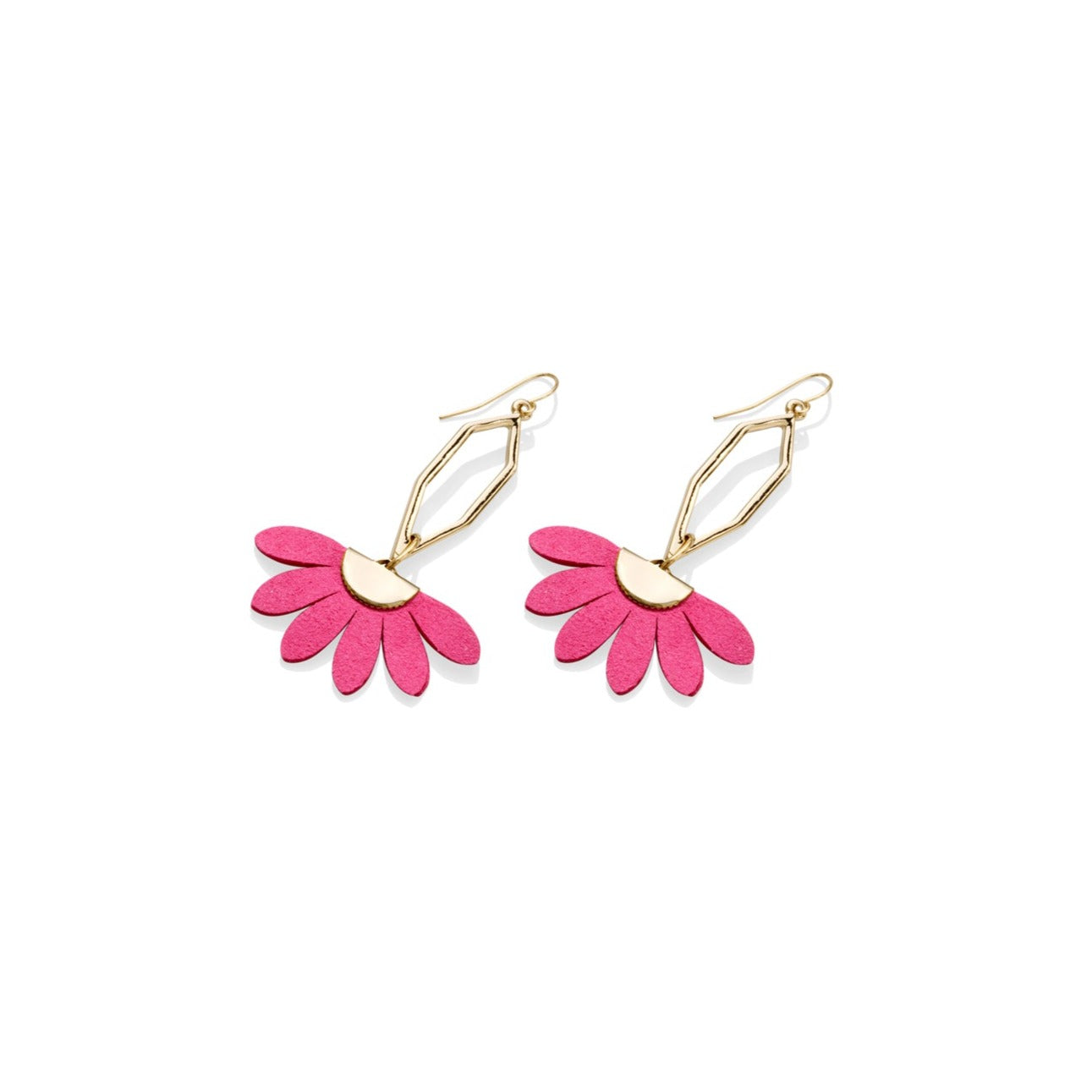Hot pink dangling gold plated flower earrings