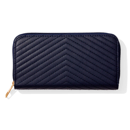 Quilted navy chevron zippered wallet with gold zippers