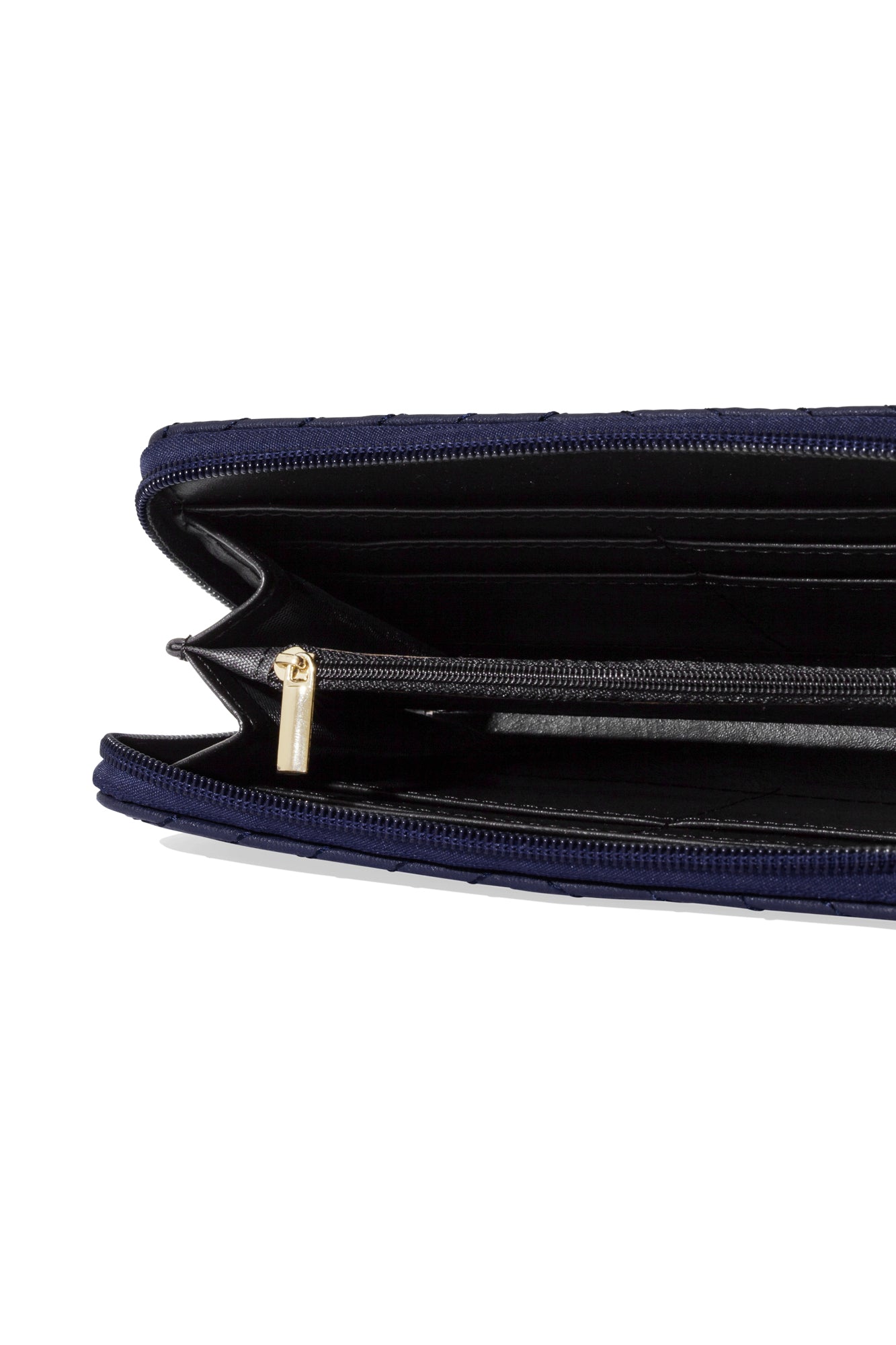 Black interior of navy zippered wallet with gold zipper