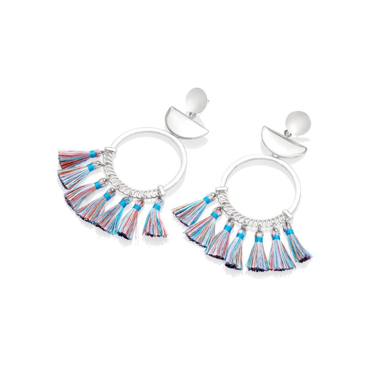 Silver plated hoop earrings with multi-colored tassels