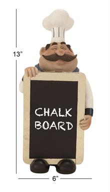 Chef with a white uniform and blue neckerchief holding a black chalkboard.