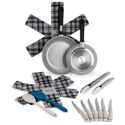 8" and a 10" pan, cookware protectors, 6 steak knives, 2 locking tongs and two silicone utensils