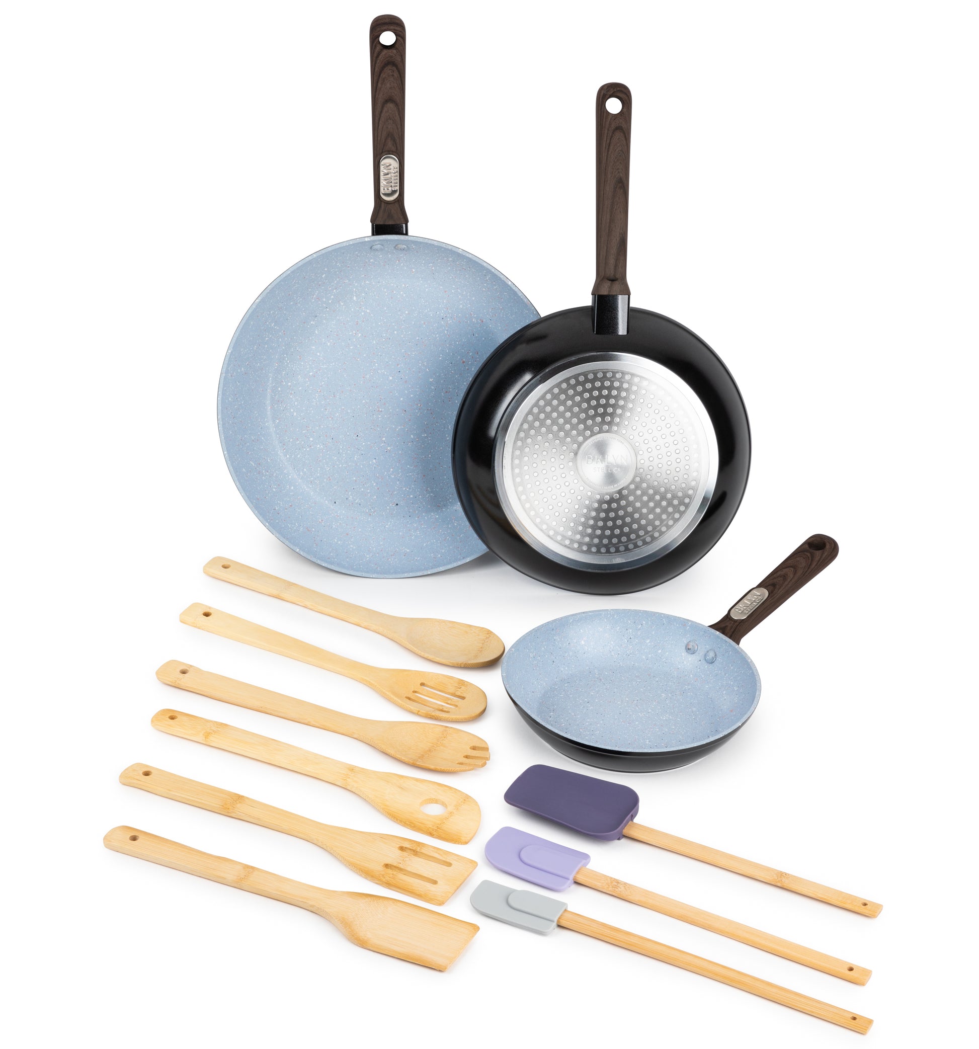 8", 10" and 12" blue frying pans and 9 utensils: spork, slotted spoon, spoon, wood spatula, slotted spatula, risotto spoon, large, medium and small silicone spatulas