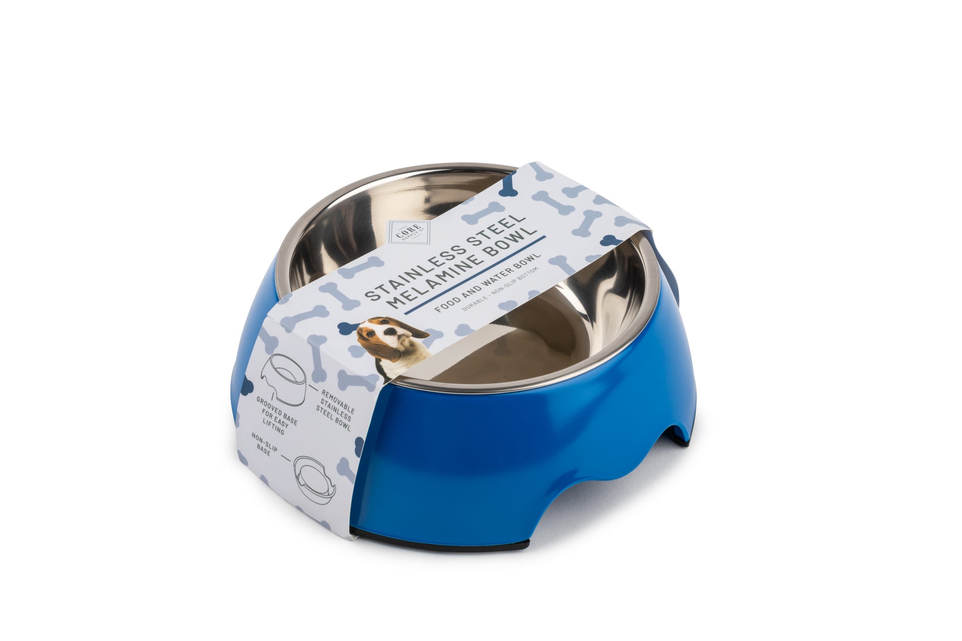 Blue removable stainless steel food and water bowl in a non slip base