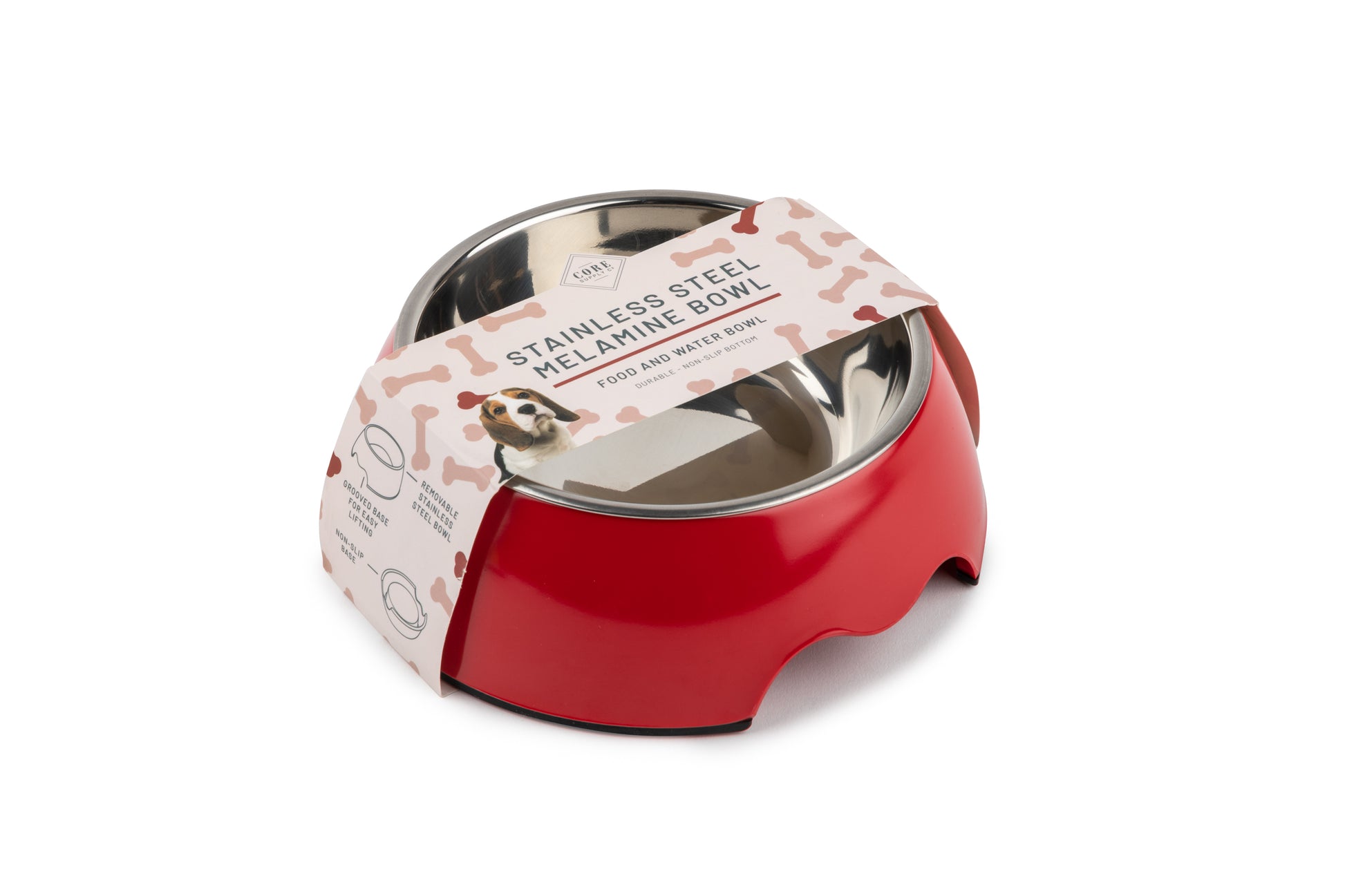 Red removable stainless steel food and water bowl in a non slip base