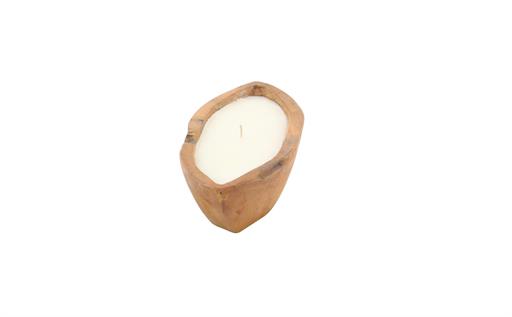 Brown boat-shaped candle holder that is handmade, and comes with a white wax candle inside