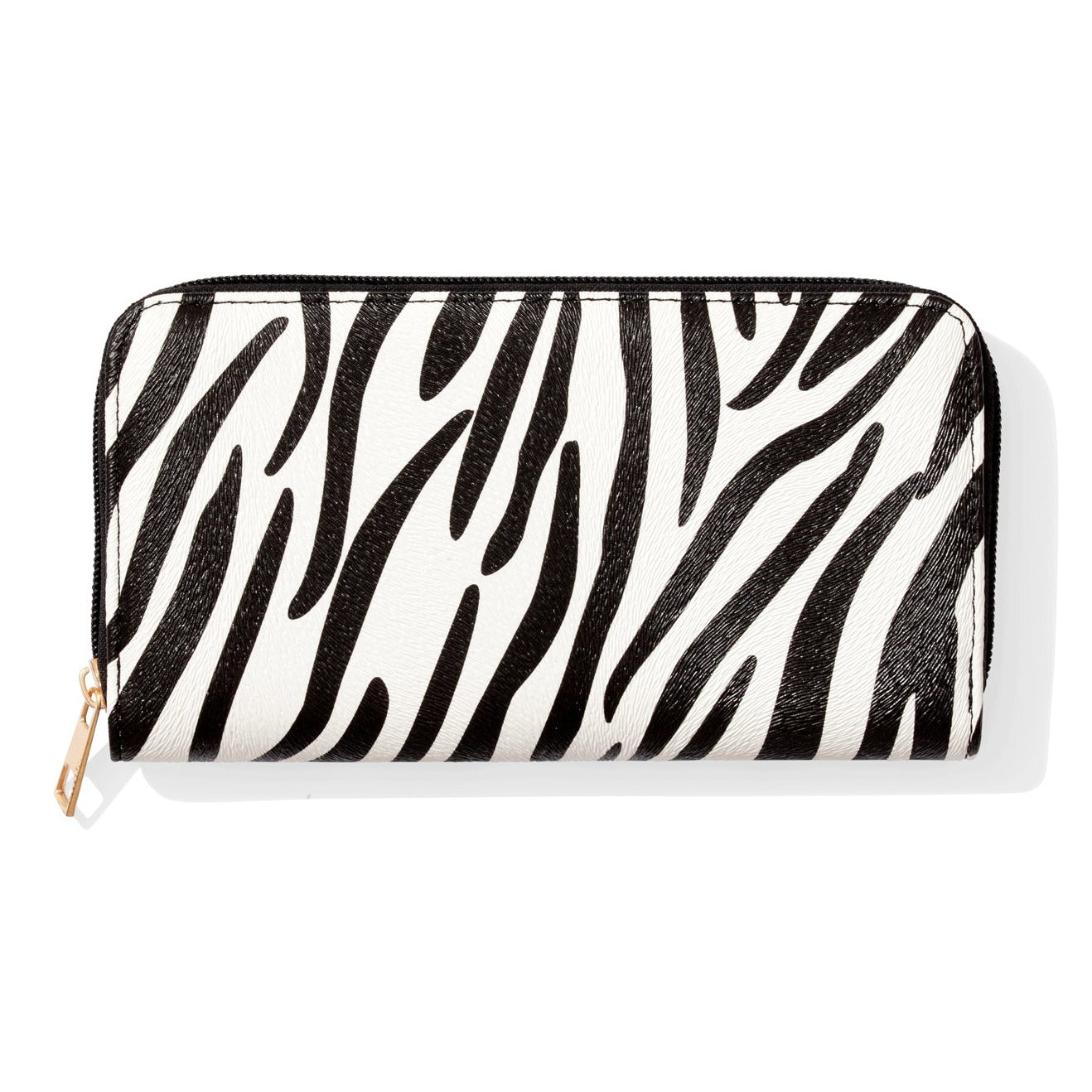 Zebra print zippered wallet with gold zips