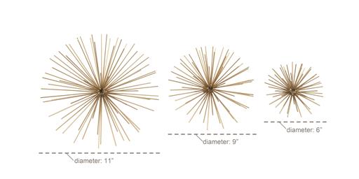 Sunburst set of 3 wall décor pieces feature a solid tin gold wire construction