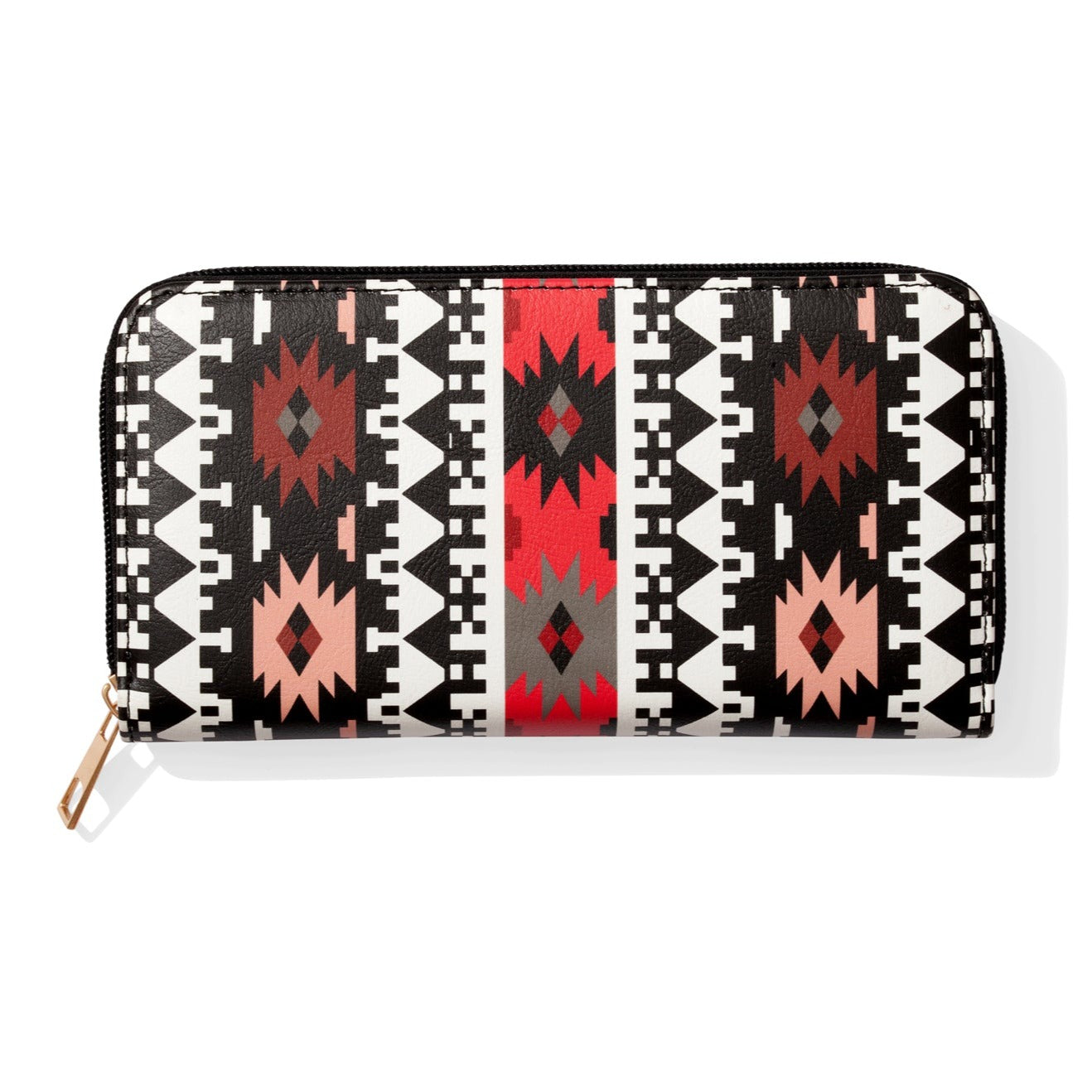 Southwest style pattern on zippered wallet with gold zips