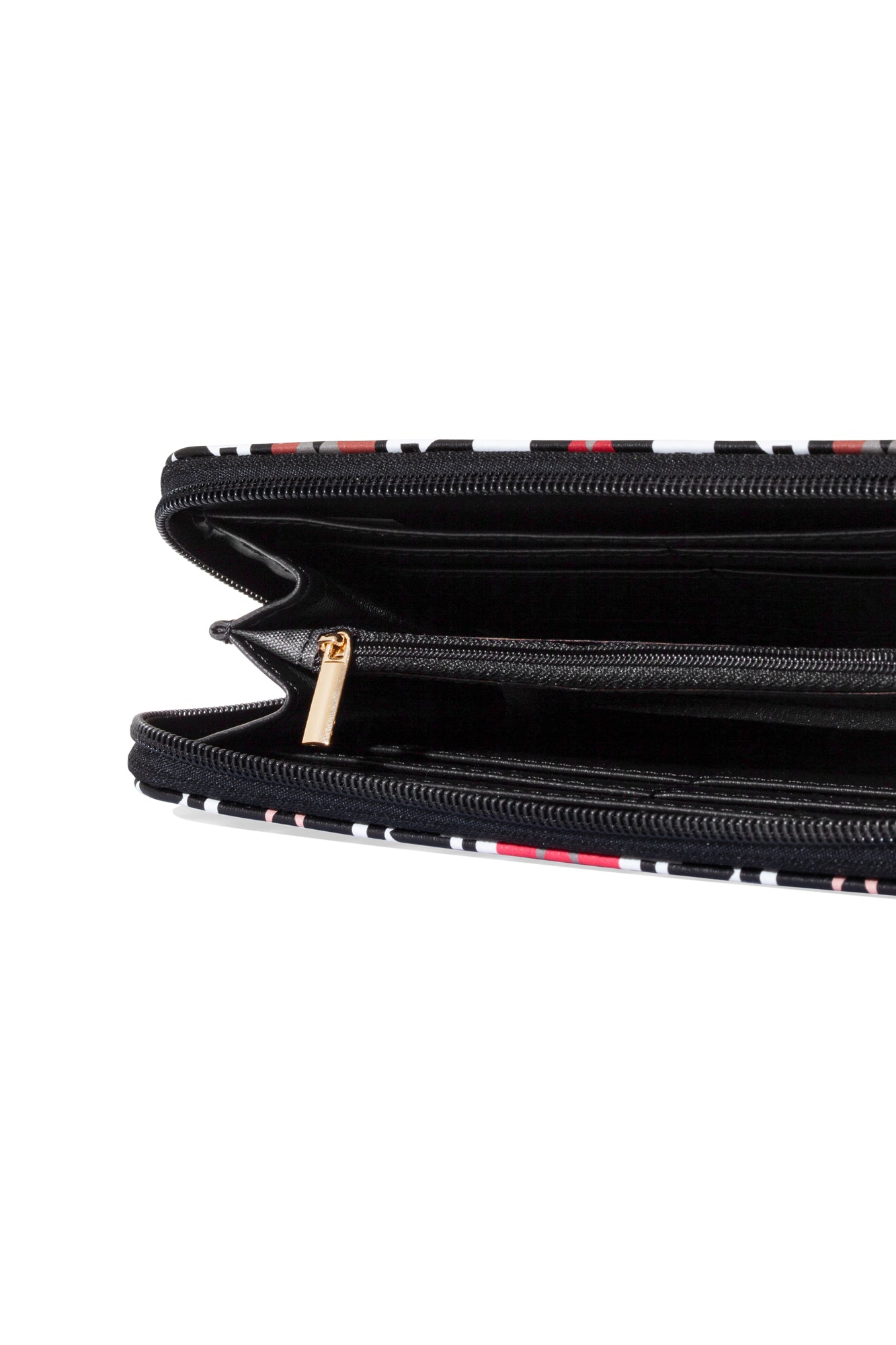 Black interior of southwest style wallet with multiple compartments