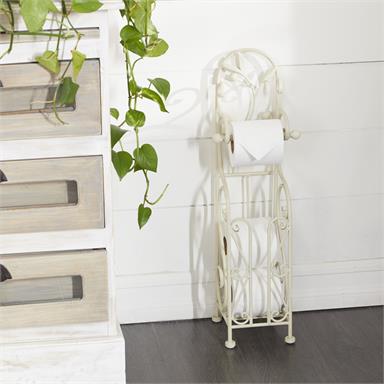 Standing toilet paper holder with curved lines and plant designs in a cream-colored finish.