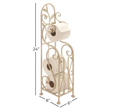 Standing toilet paper holder with curved lines and plant designs in a cream-colored finish.