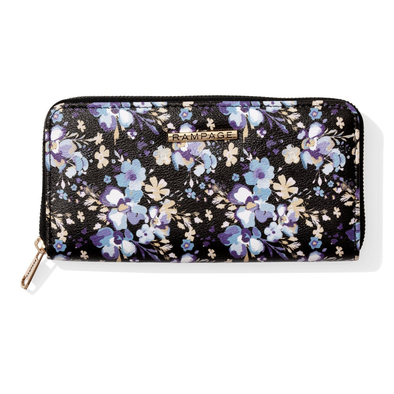 Purple, blue and yellow floral print zippered wallet with a black background and gold zipper