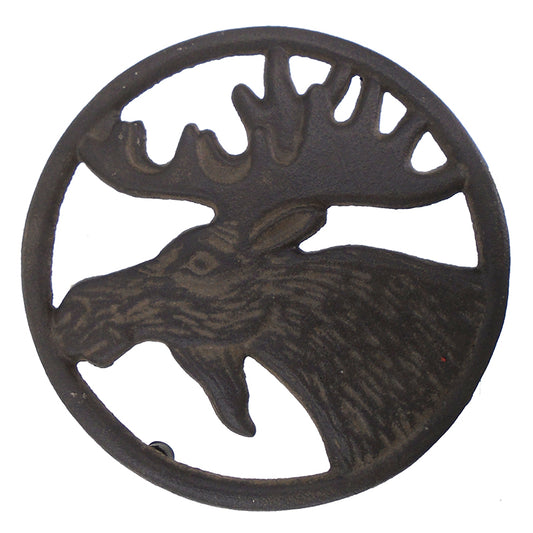 Round cast iron moose with antlers trivet