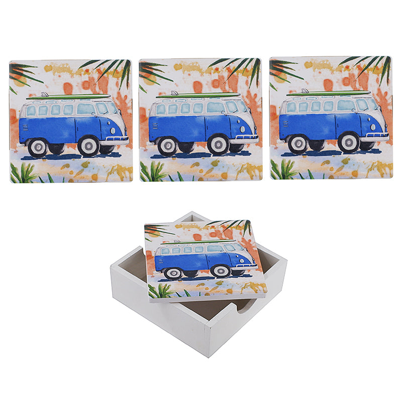 Surfer van on coaster with an orange background and green leaves