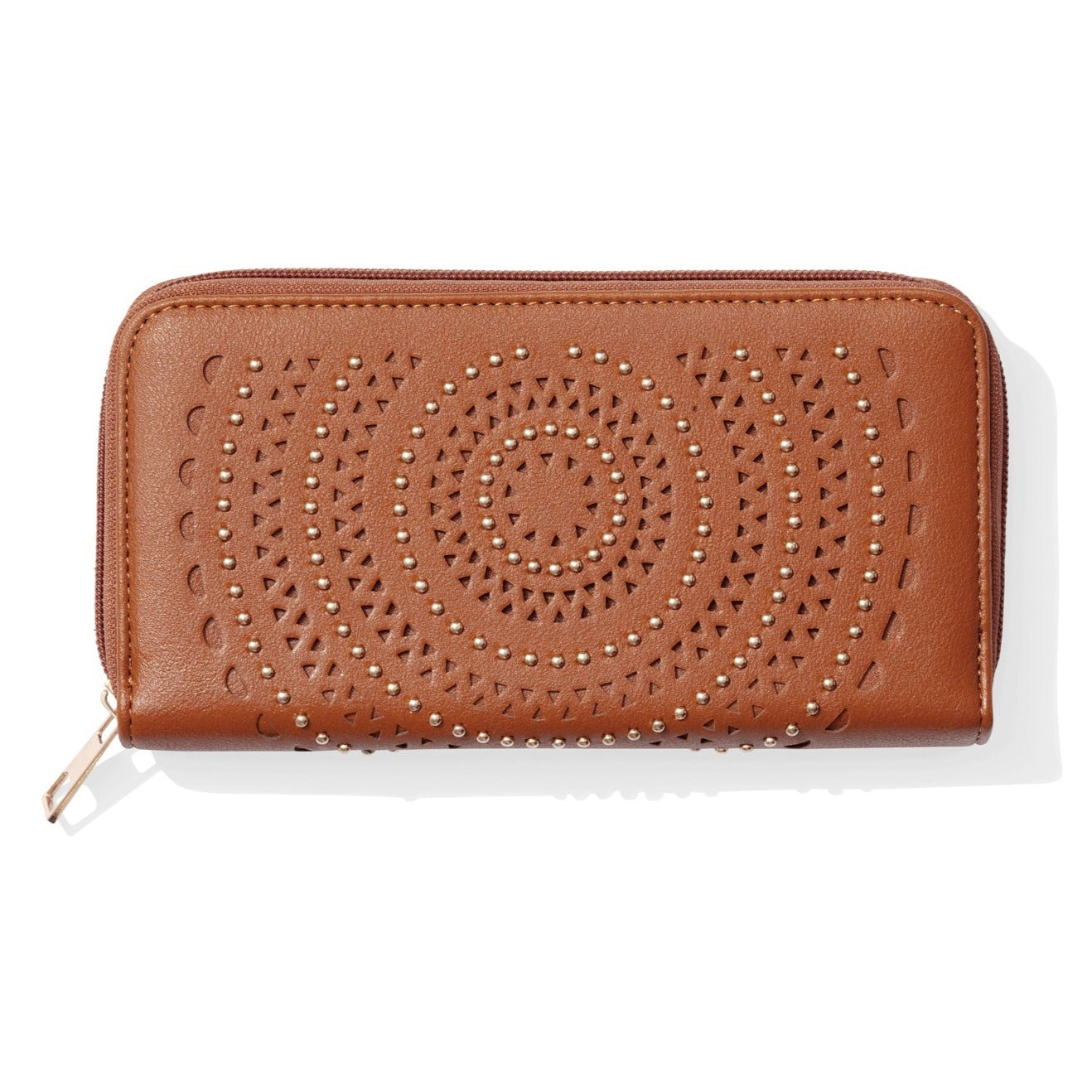 Zippered wallet with circular studs and cutouts on a tan background