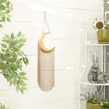 Gold crescent moon hanging chime with with long gold chains