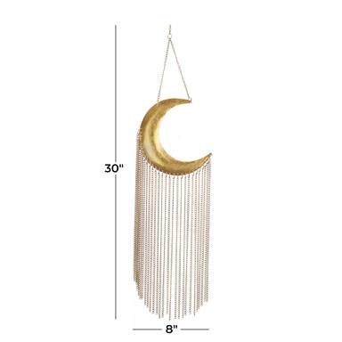 Gold crescent moon hanging chime with with long gold chains