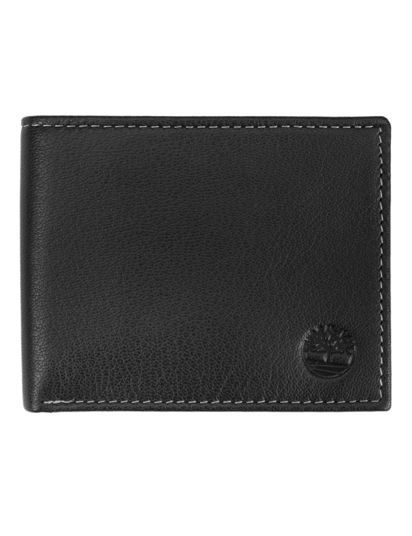 Black timberland leather wallet with contrast stitching 5 card slots, 2 slip pockets, 1 clear ID slot, and 1 cash compartment