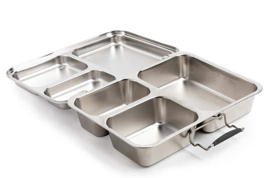 Stainless steel lunch container with three compartments