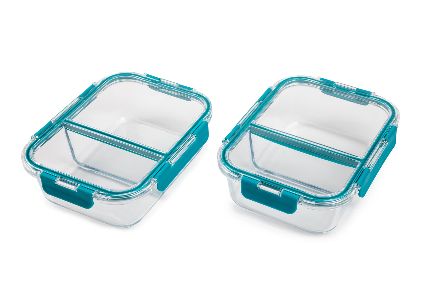 Teal glass and silicone food storage with a divider