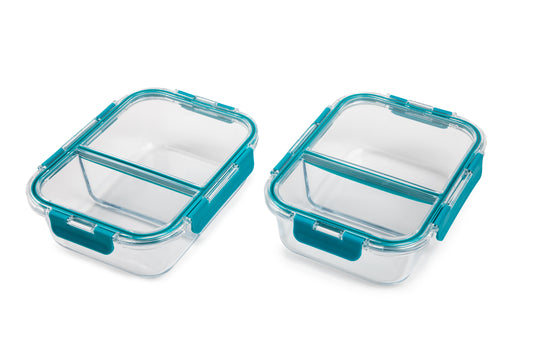 Teal glass and silicone food storage with a divider