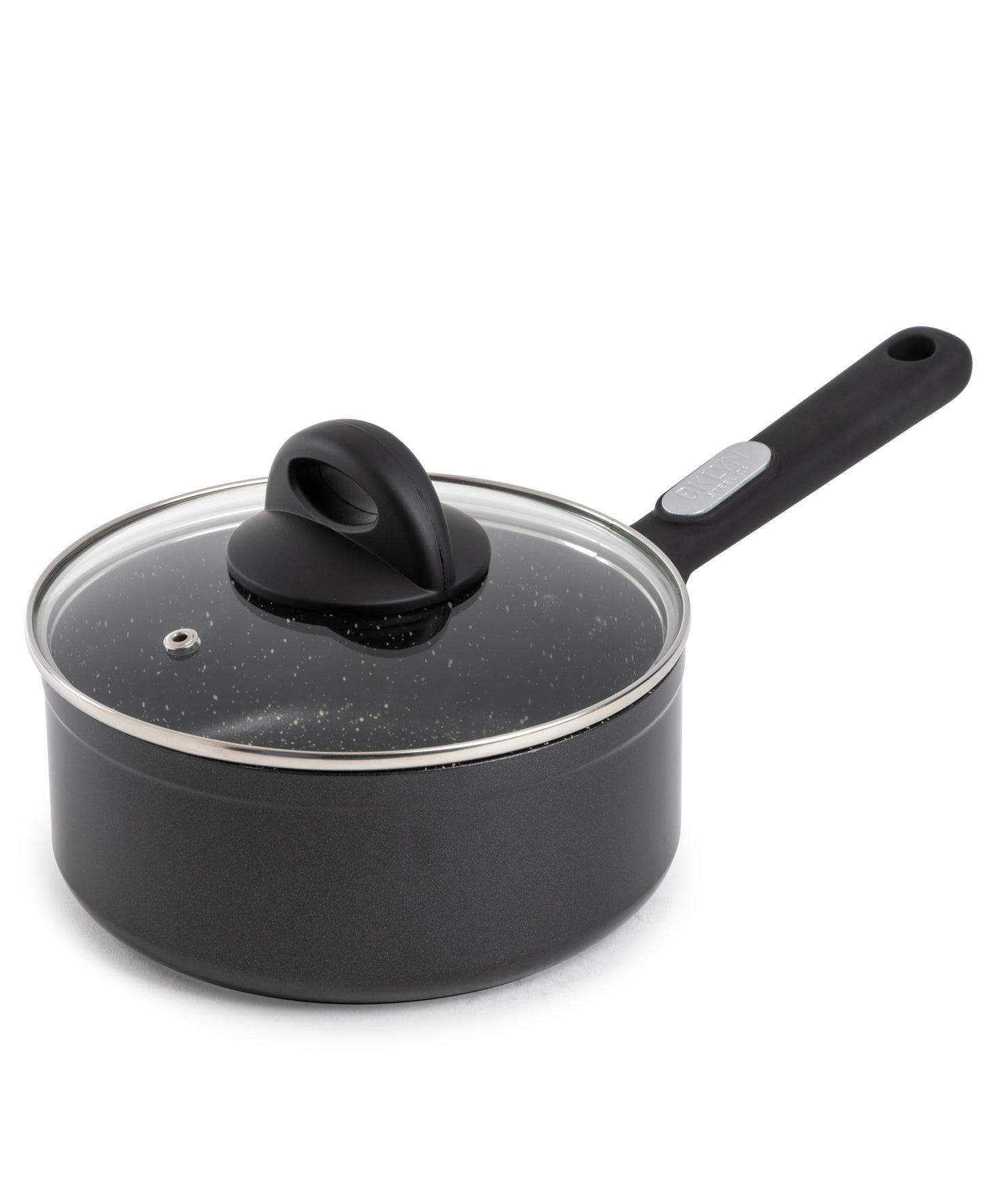 Black saucepan with black handle and clear lid