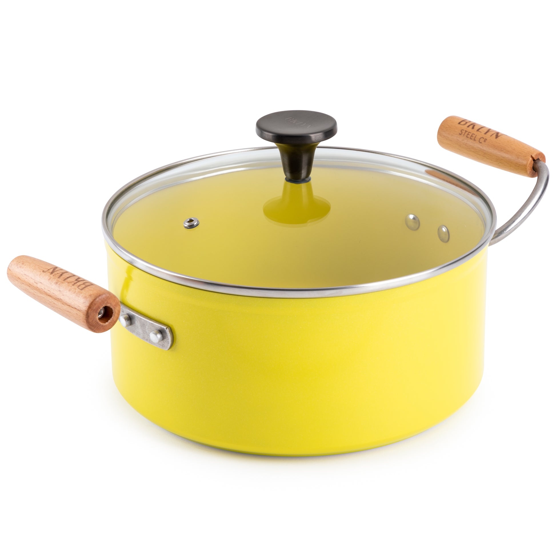 Yellow dutch oven with beachwood handles and a vented glass ild