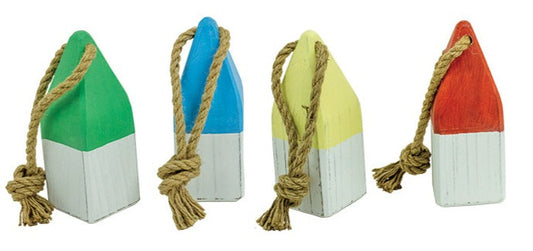 Wood buoys with hanging rope in green, blue, yellow and red