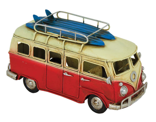 Red and yellow retro style surfer bus with blue surf boards on top