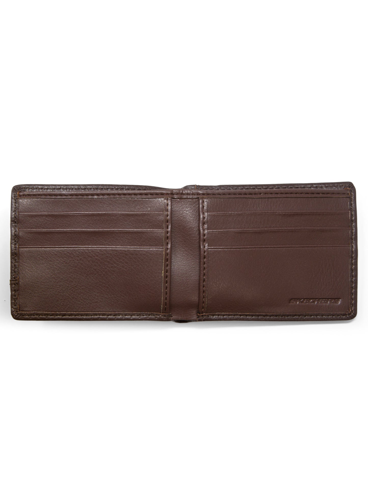 Brown wallet interior with 6 card slots, 2 slip pockets and one cash compartment