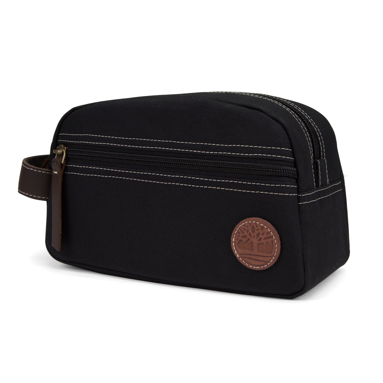 Black Timberland travel kit with side handle, zip top closure and exterior zipped front pocket