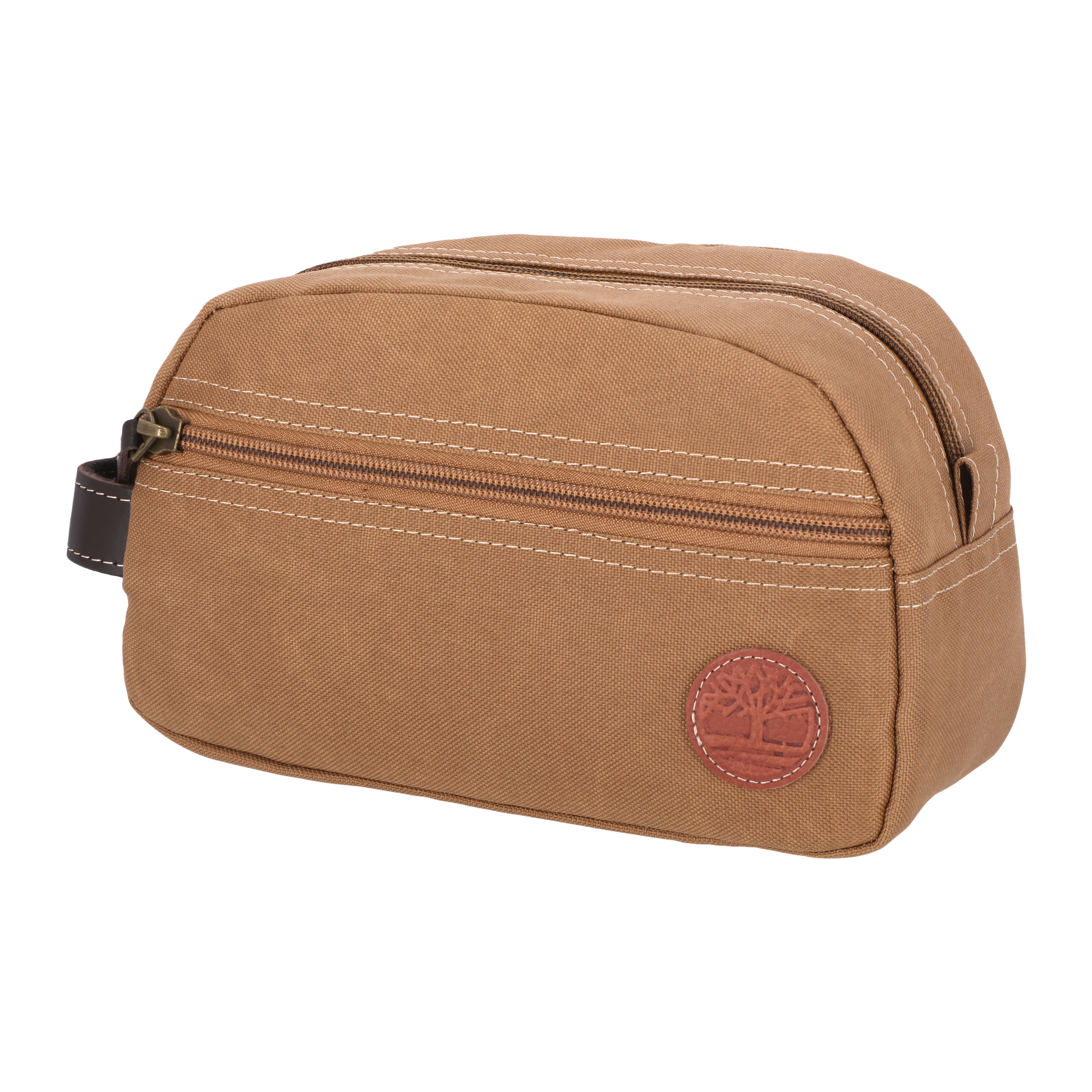 Khaki Timberland travel kit with side handle, zip top closure and exterior zipped front pocket