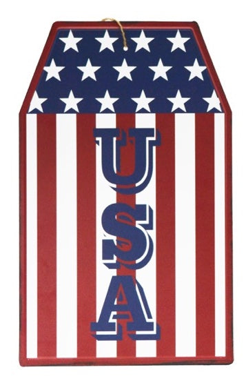 American flag metal USA sign with rope to hang