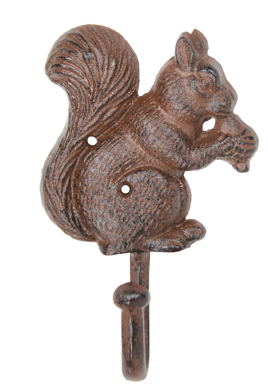 Cast iron hook with squirrel eating an acorn