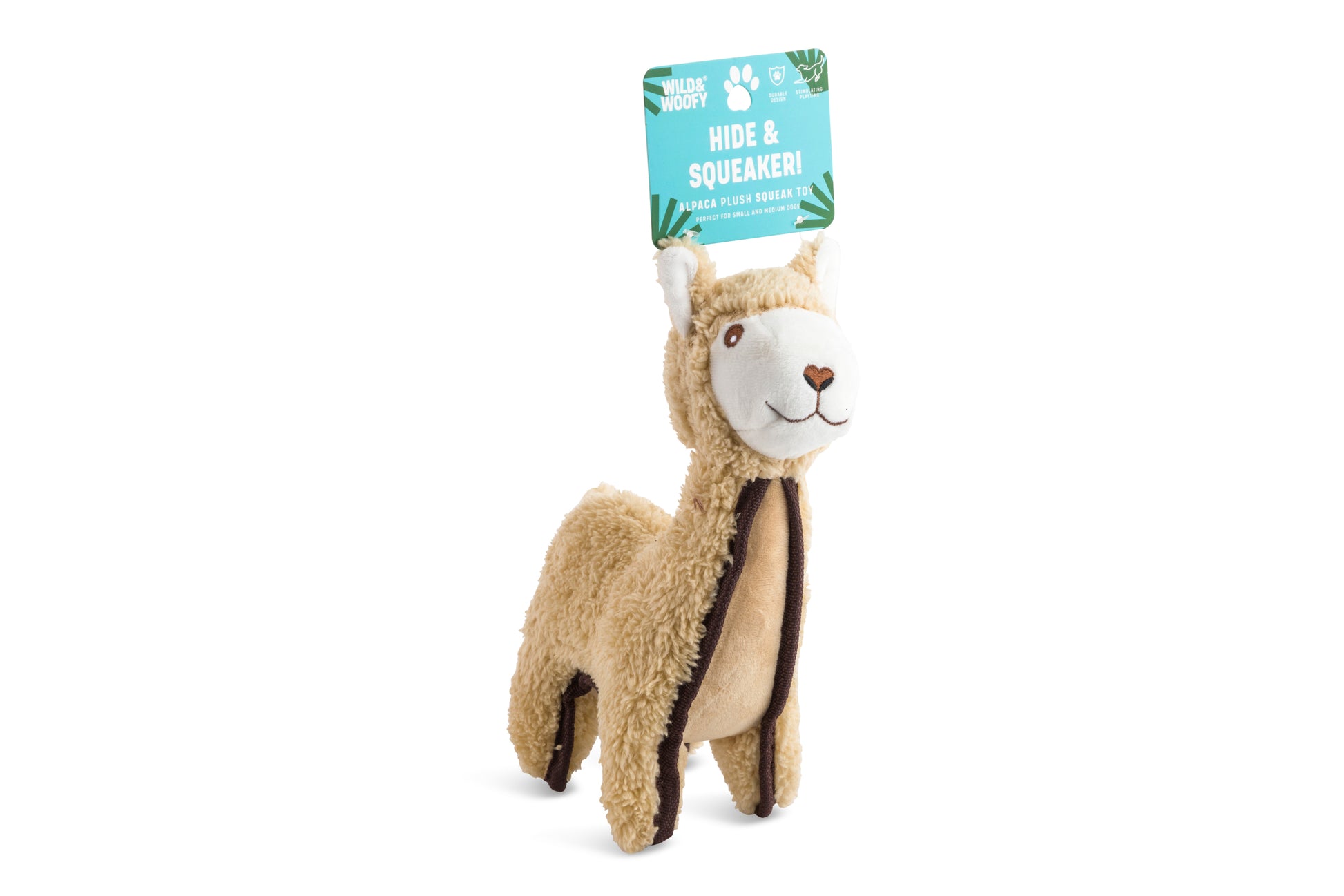 Plush light brown alpaca toy with squeaker