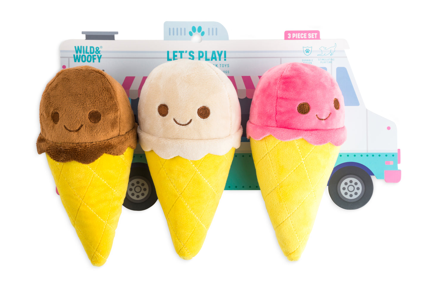 Three piece ice cream dog toy set in chocolate, vanilla and strawberry cones