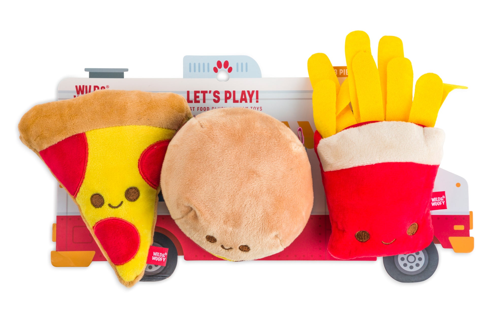 Plush dog toy shaped like a burger, pizza and french fries as a three piece set