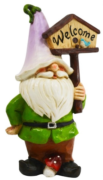 Gnome holding a bird feeder welcome sign