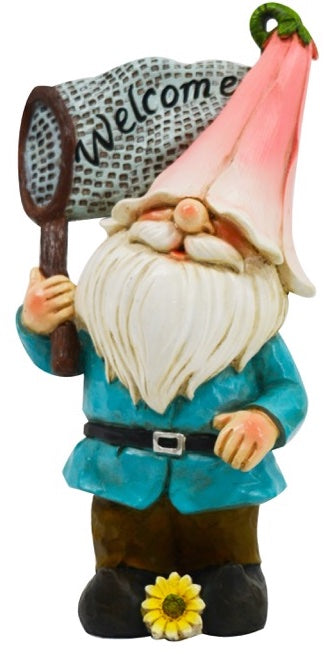 Garden gnome with a "welcome" net
