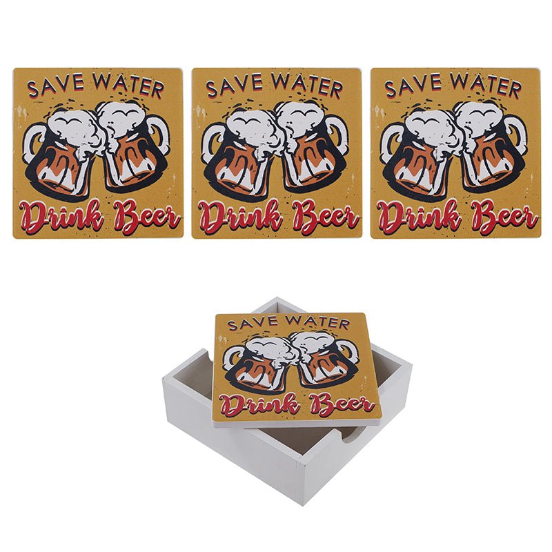 Four coasters reading "save water drink beer" with overflowing beer mugs