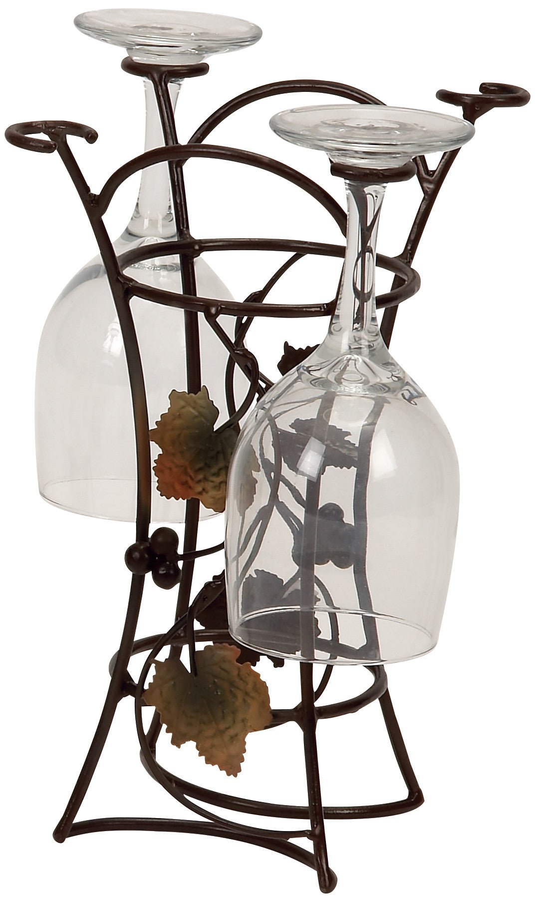 Black wrought iron tapered wine glass rack with two arched handles and four curved glass holders, brown cut-out leaves and black grape clusters