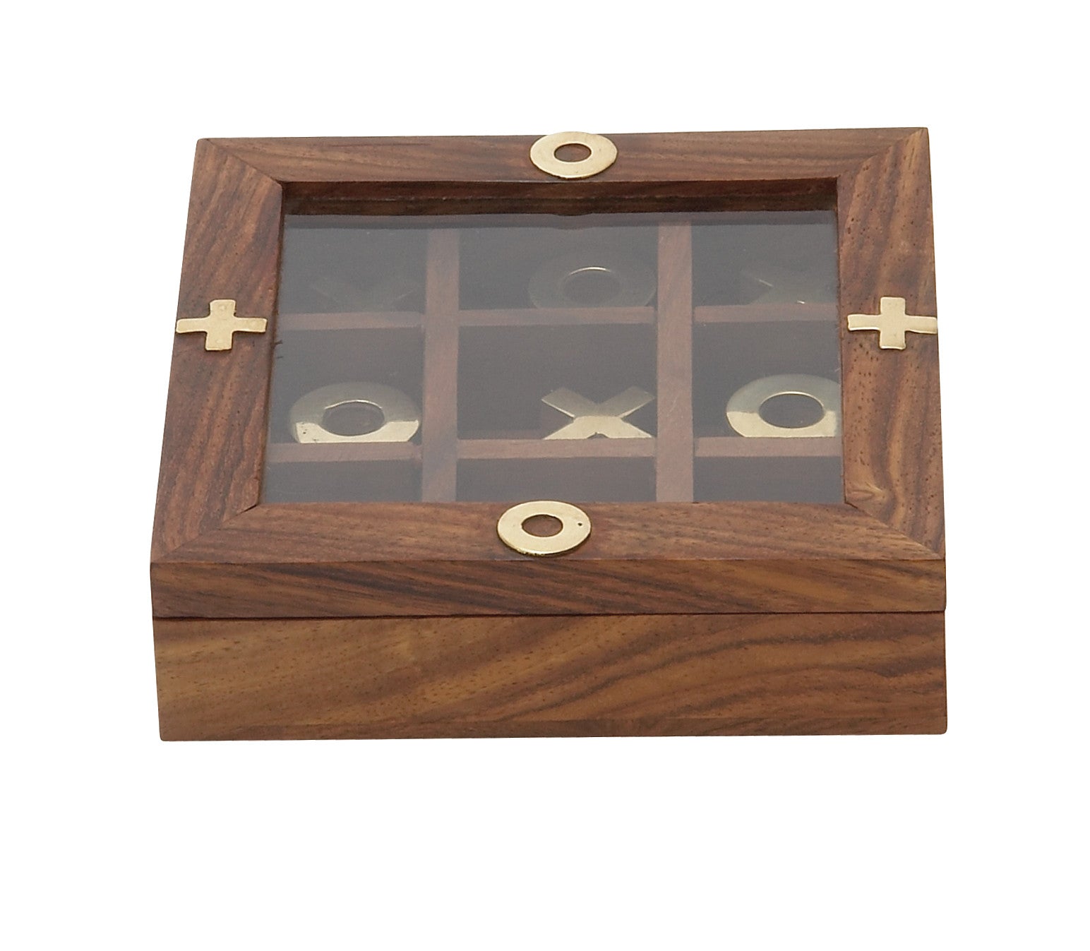 Traditional square tic tac toe case with a brown finish, glass window, and brass "x" and "o" symbols in a polished finish