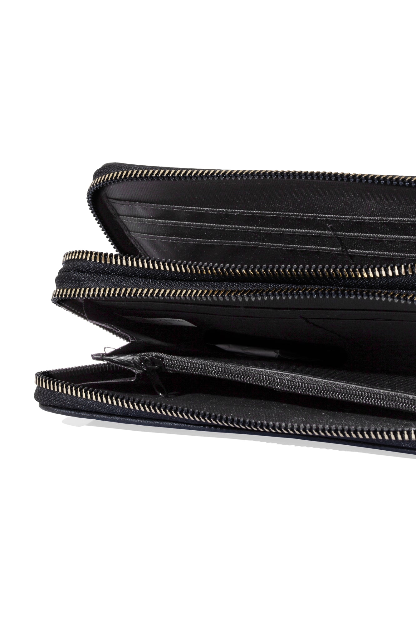 Pockets of black double zip wallet with gold zipper