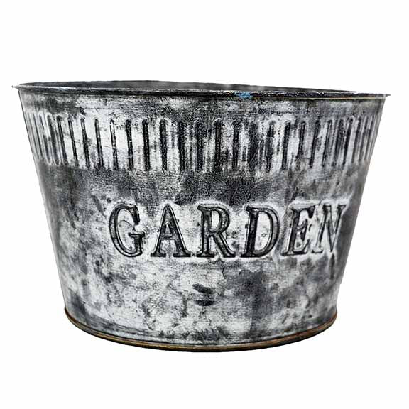 Galvanized bucket with garden printed on it